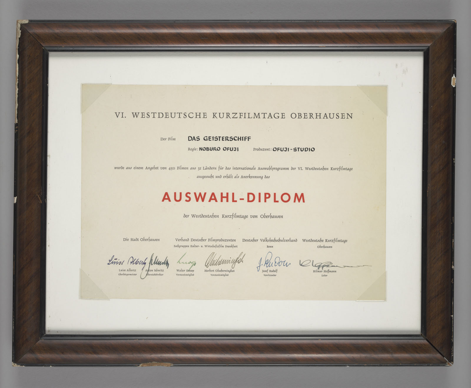 Certification of  the exhition, <i>The Phantom Ship</i> at the 6th International Short Film Festival Oberhausen