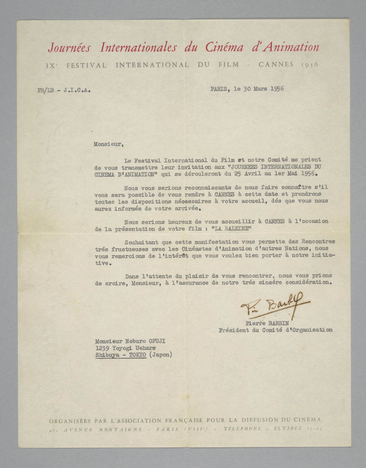 Invitation letter from the first International Animation Festival in Cannes (1956) to Ofuji's <i>Whale</i>