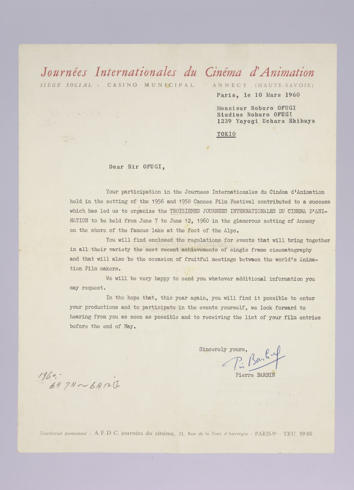 A letter of invitation to the Annecy International Animation Festival (1960)