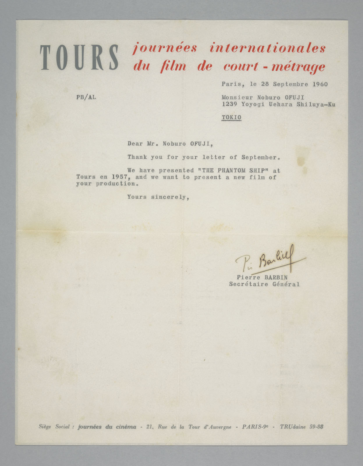 A letter of invitation to the Tours International Short Film Festival (1960)