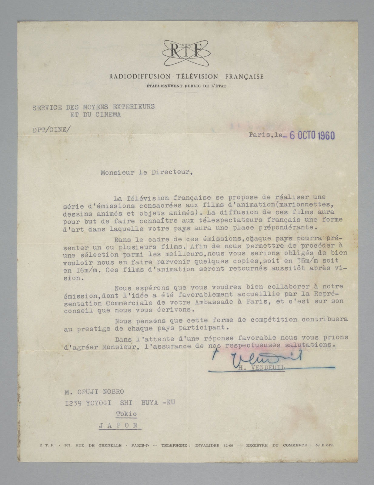 A letter of  request from the French public national television broadcaster (1960)