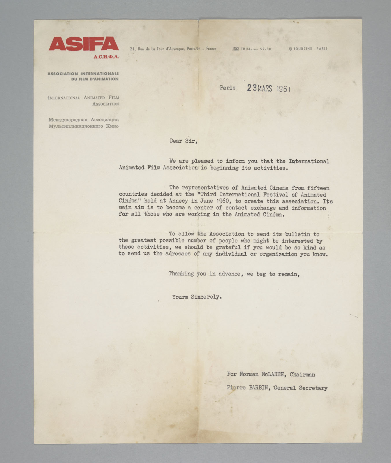 A letter informing the establishment of ASIFA (1961)